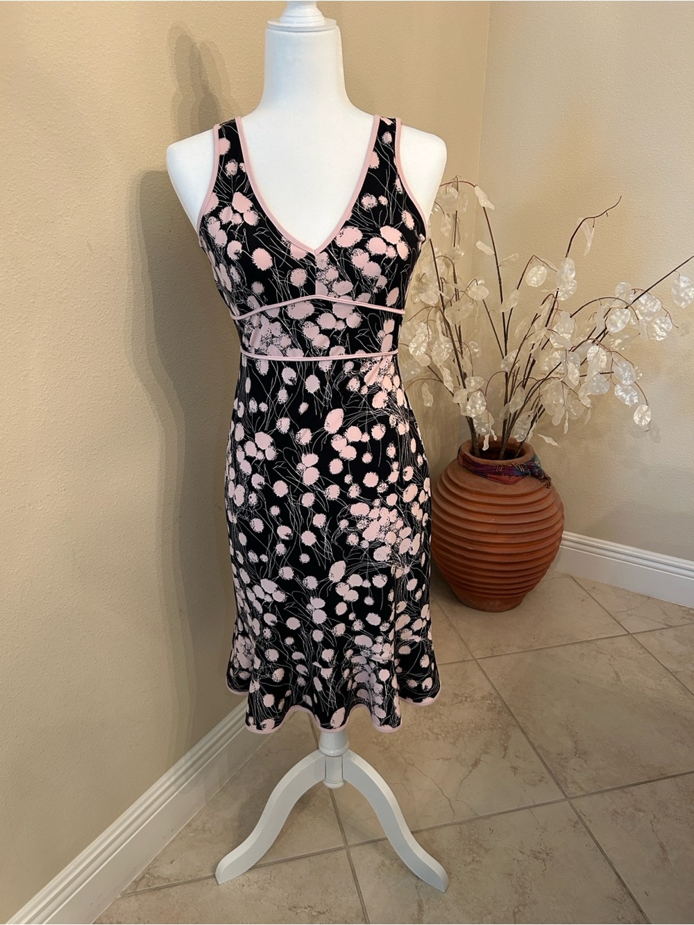 BCBGMaxAzria Black Midi Dress with Pink Dot Floral Print
